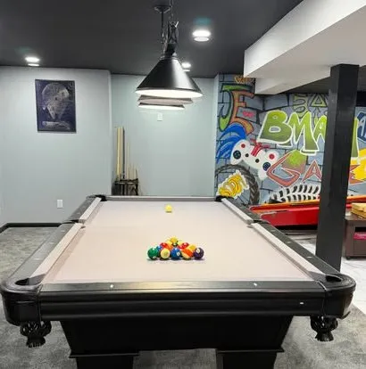 Black table under pendant lights